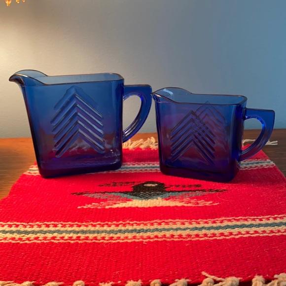 Vintage Other - Vintage Cobalt Blue Chevron Pitchers Big and Small